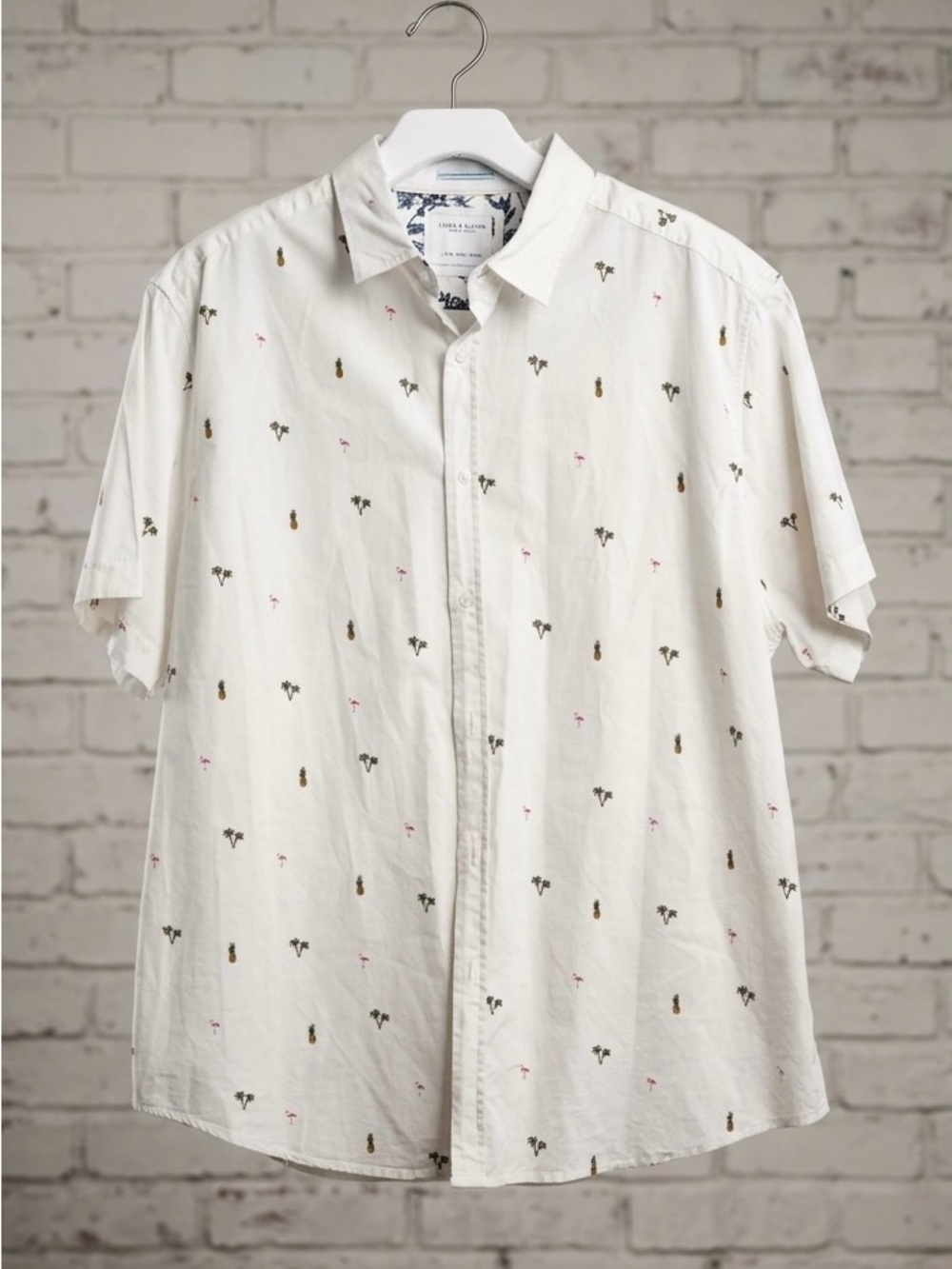 Denim&Flower Men’s White Short Sleeve Button Down With Flamingos, Palm Trees